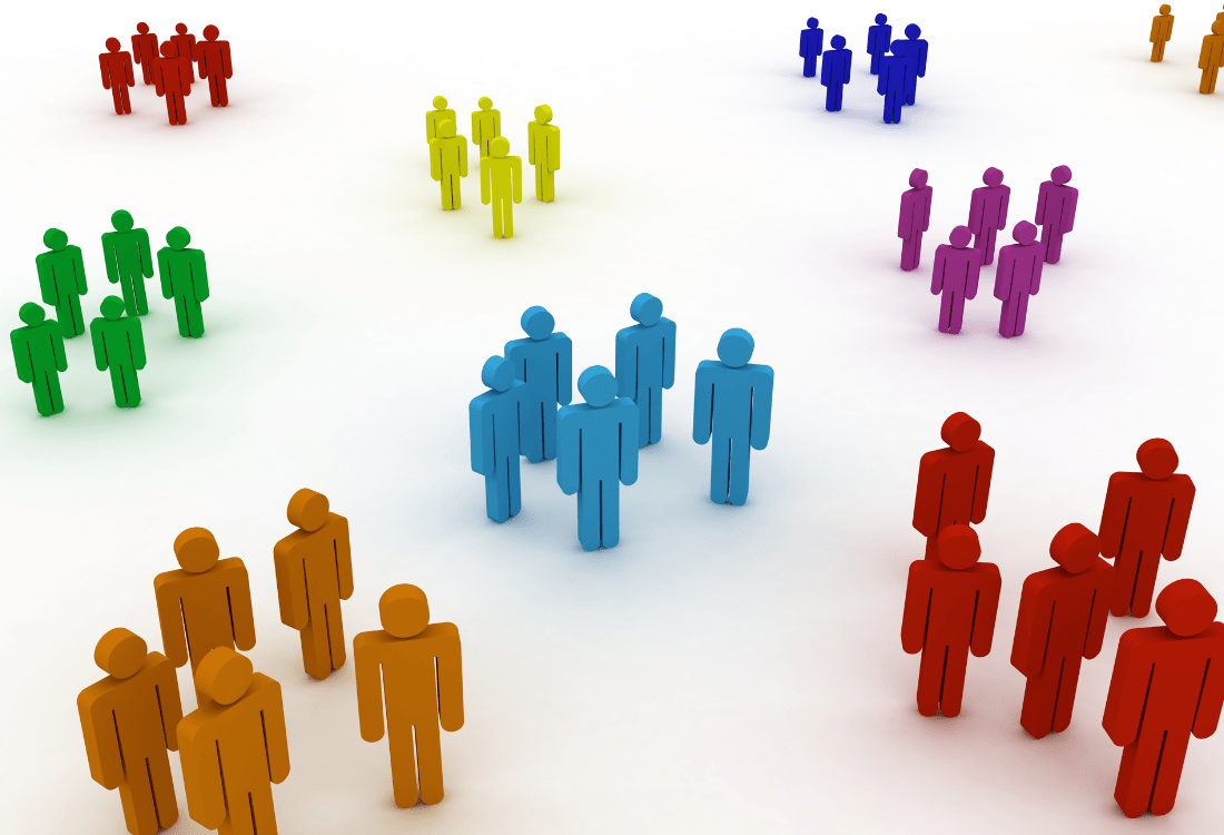 Illustration of isolated groups of coloured figures representing organisational silos in a workplace setting.